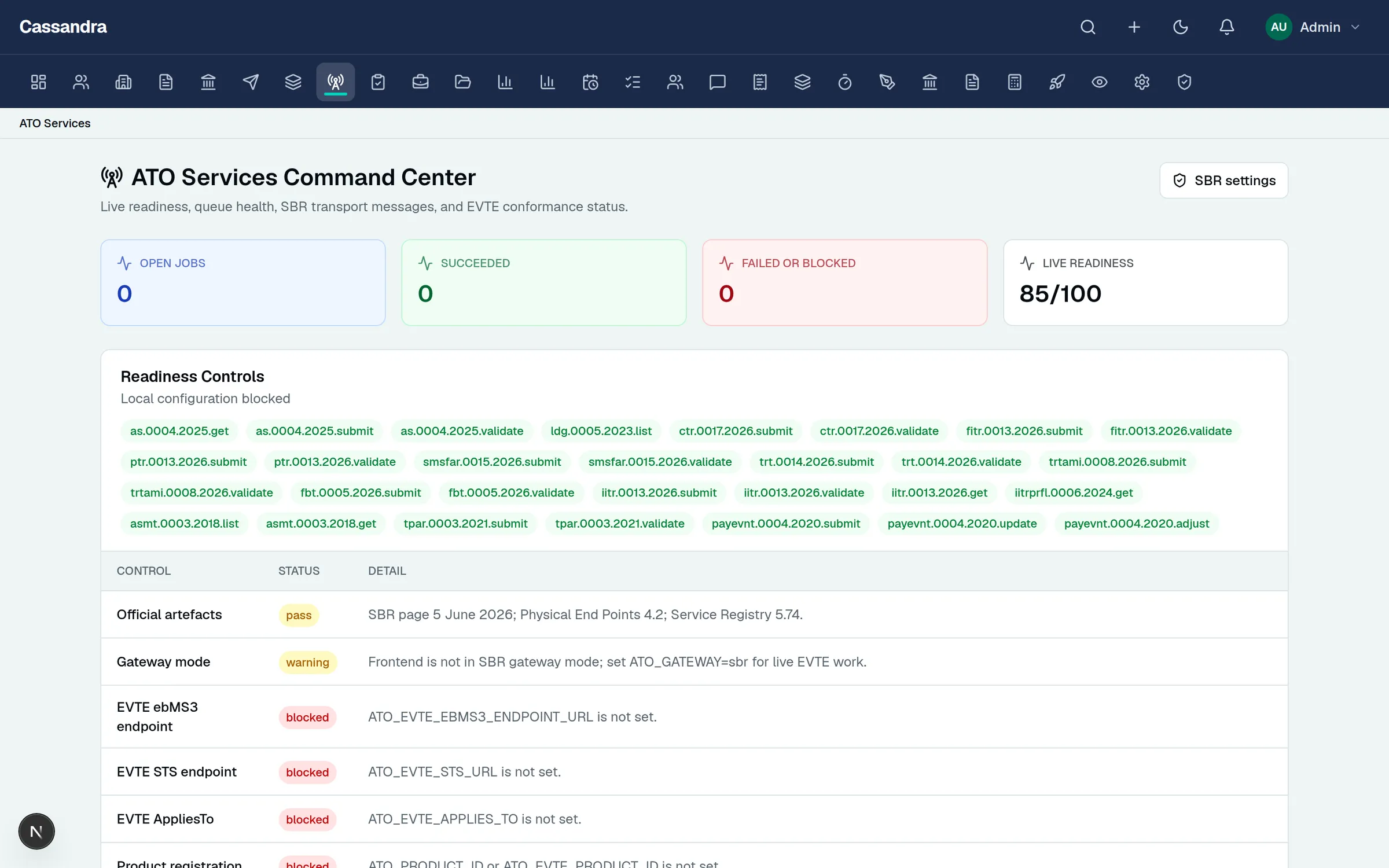 Cassandra Tax ATO services command center listing SBR interactions and readiness controls