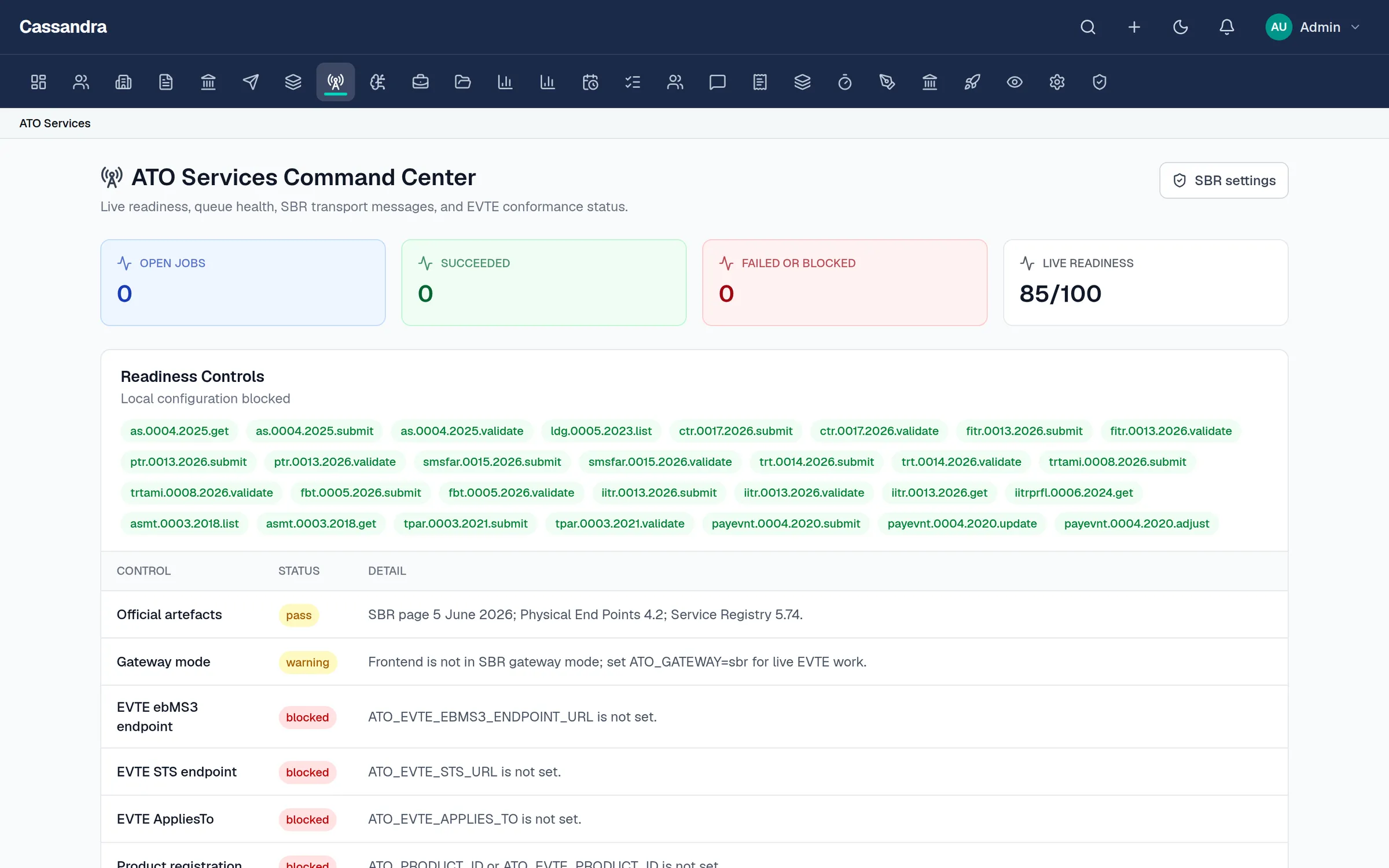 Cassandra Tax ATO services command center listing SBR interactions and readiness controls