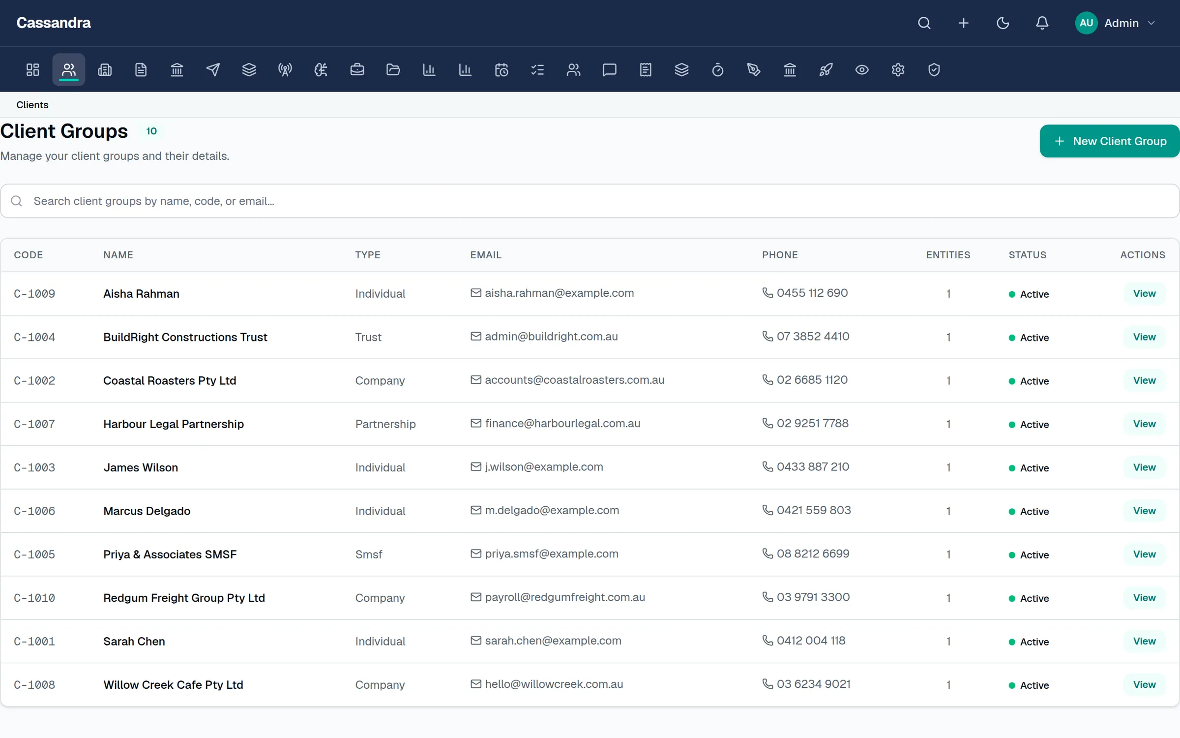 Cassandra Tax client list with entity groups and status
