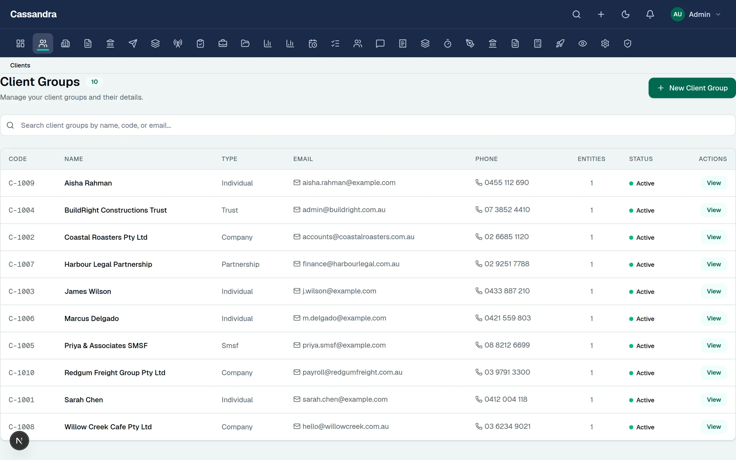 Cassandra Tax client list with entity groups and status