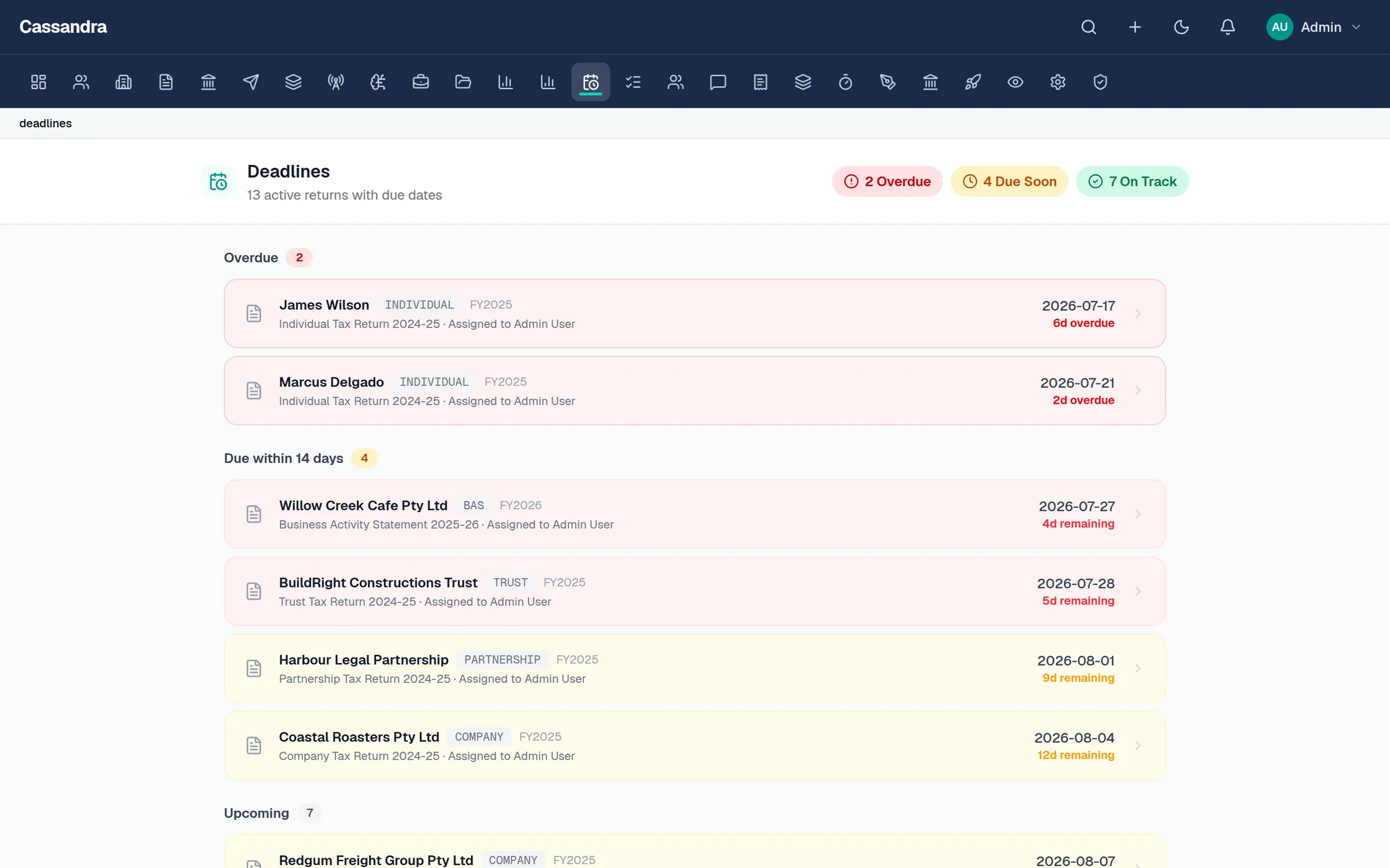 Cassandra Tax deadline tracking across returns