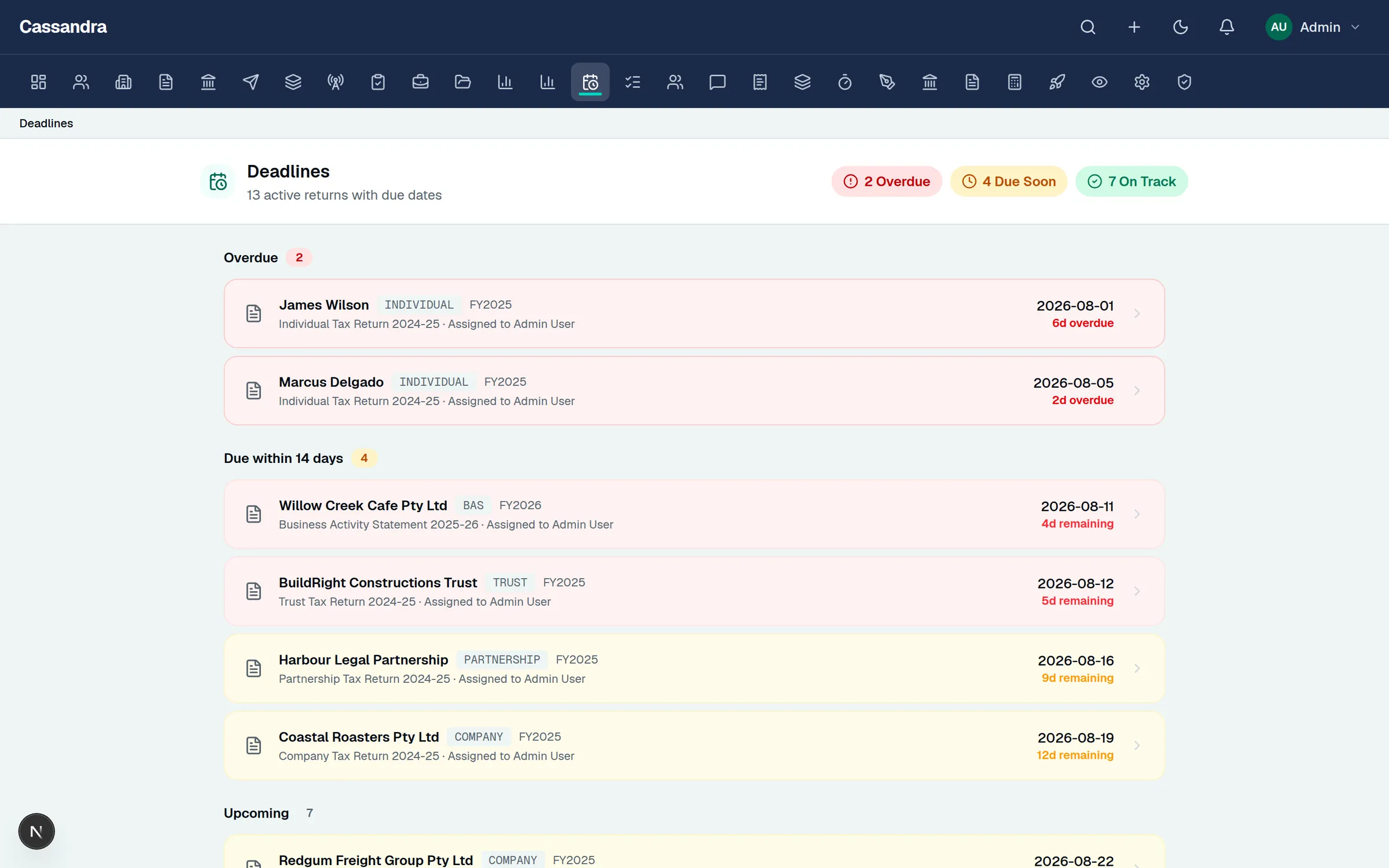 Cassandra Tax deadline tracking across returns