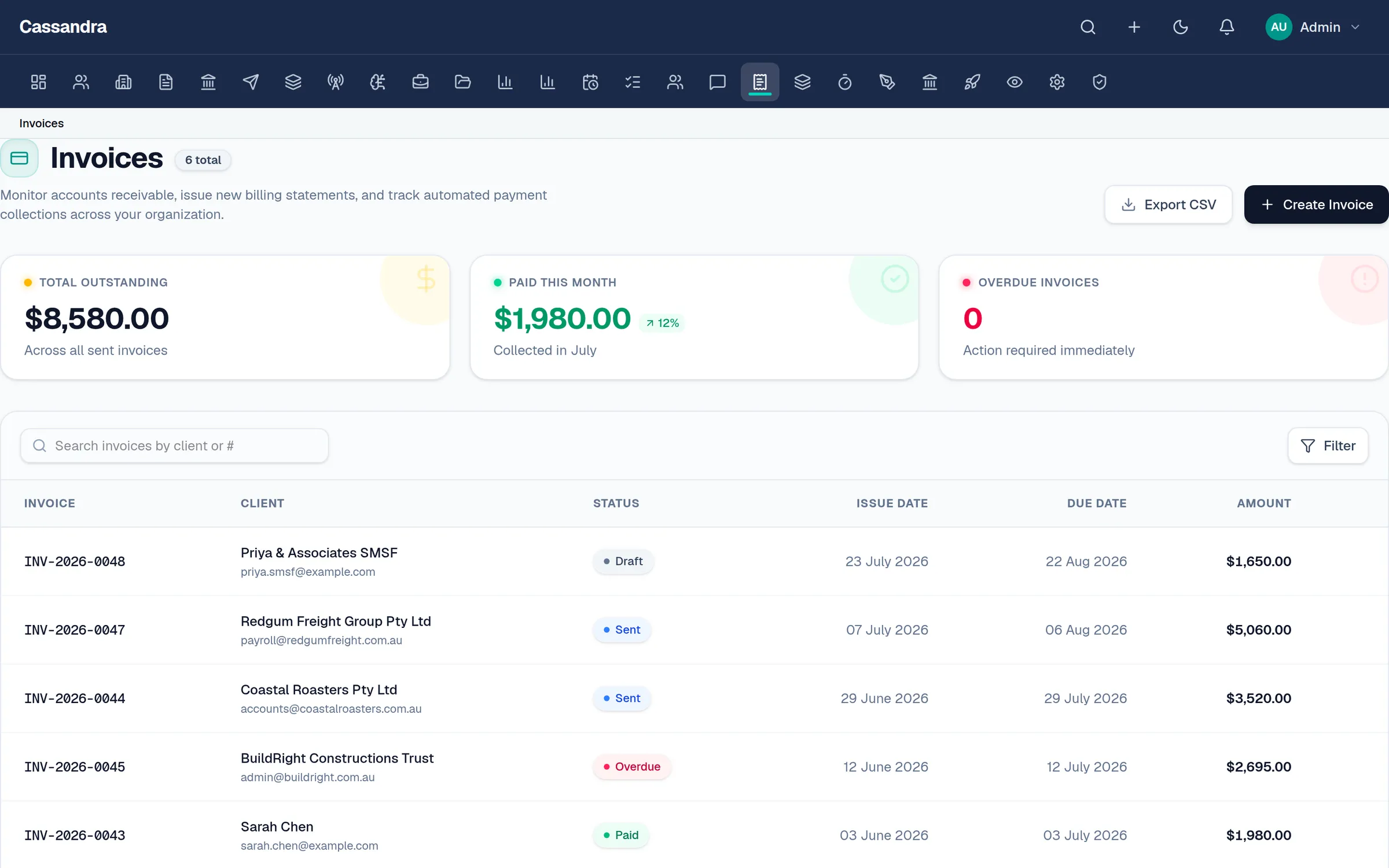 Cassandra Tax invoicing with paid, sent and overdue statuses