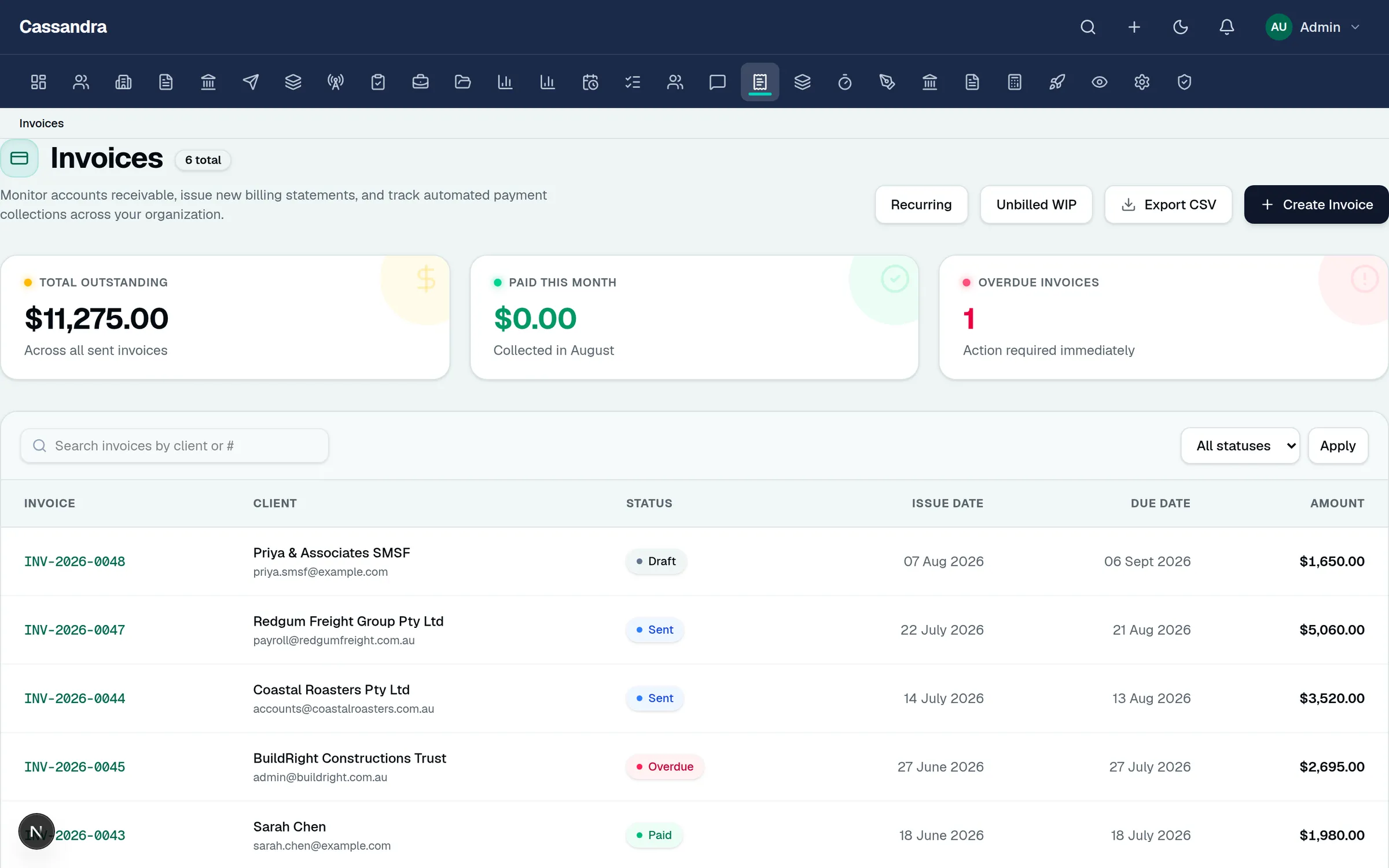 Cassandra Tax invoicing with paid, sent and overdue statuses