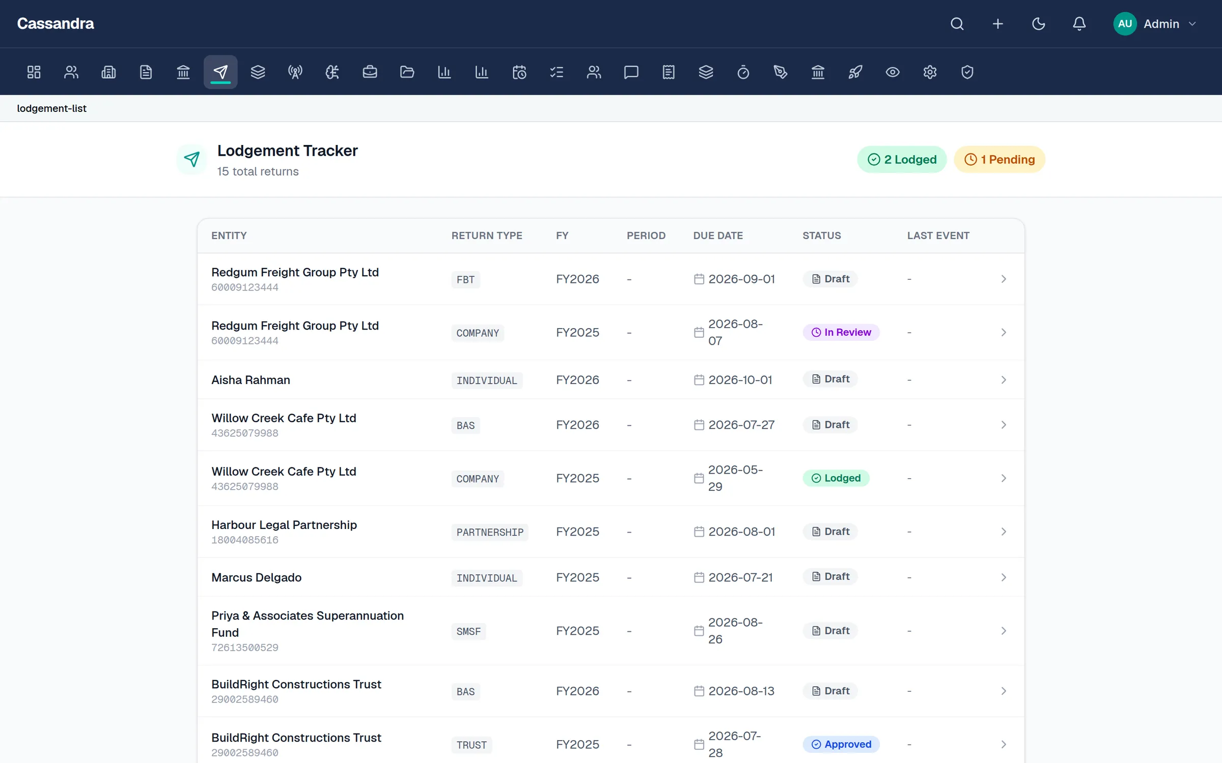 Cassandra Tax ATO lodgement list view