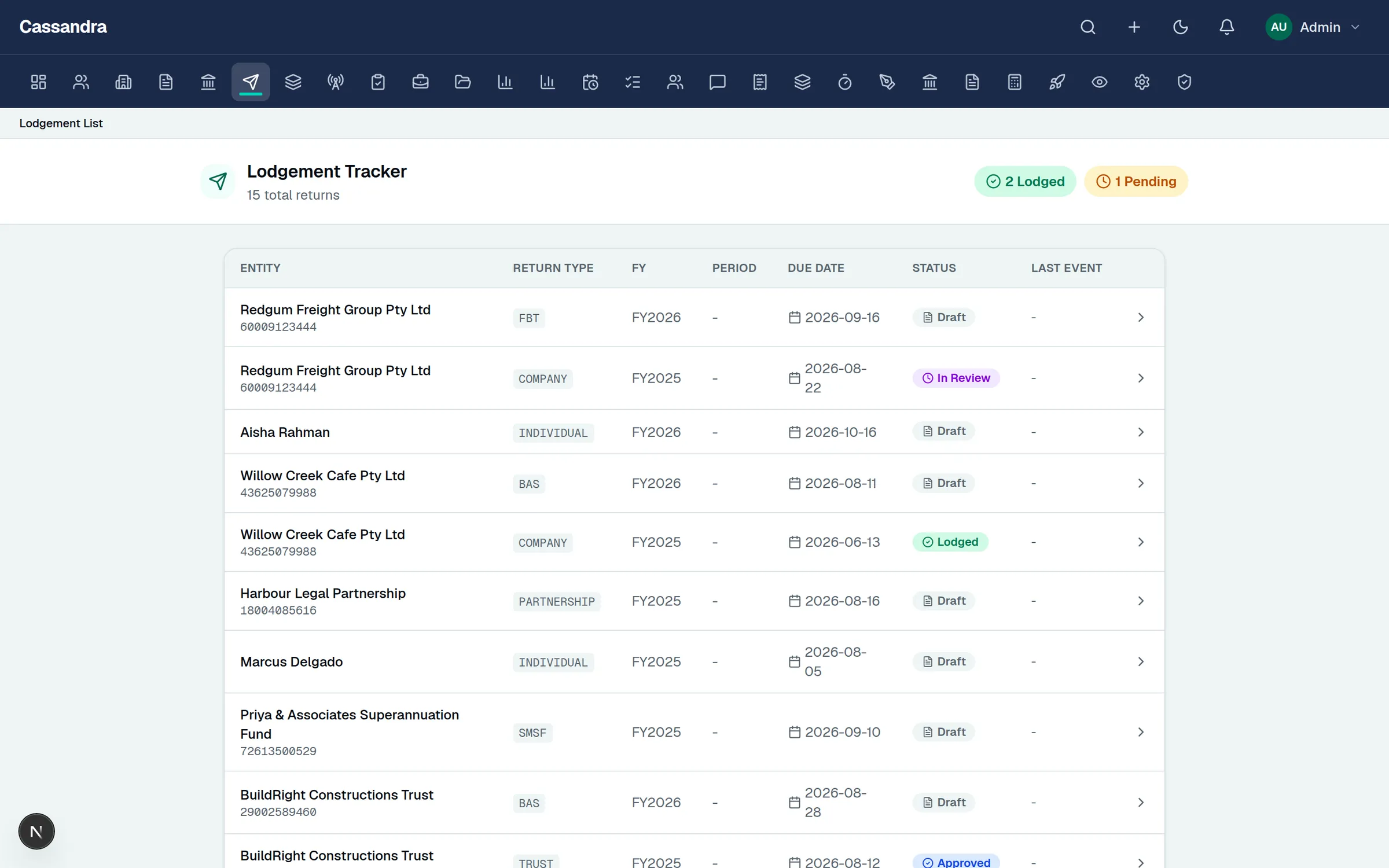 Cassandra Tax ATO lodgement list view