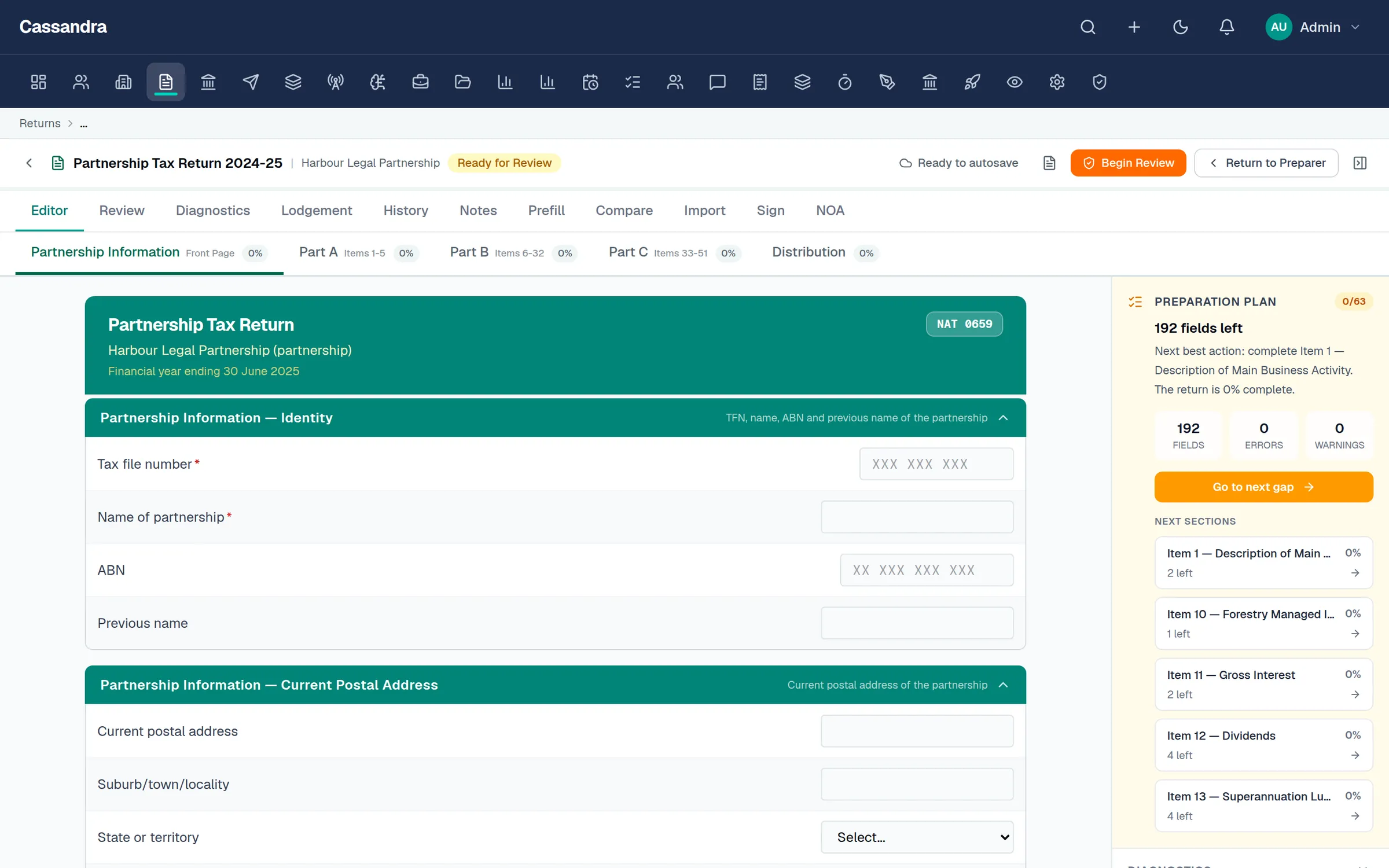 Cassandra Tax return editor showing an ATO partnership form and a live preparation plan side panel