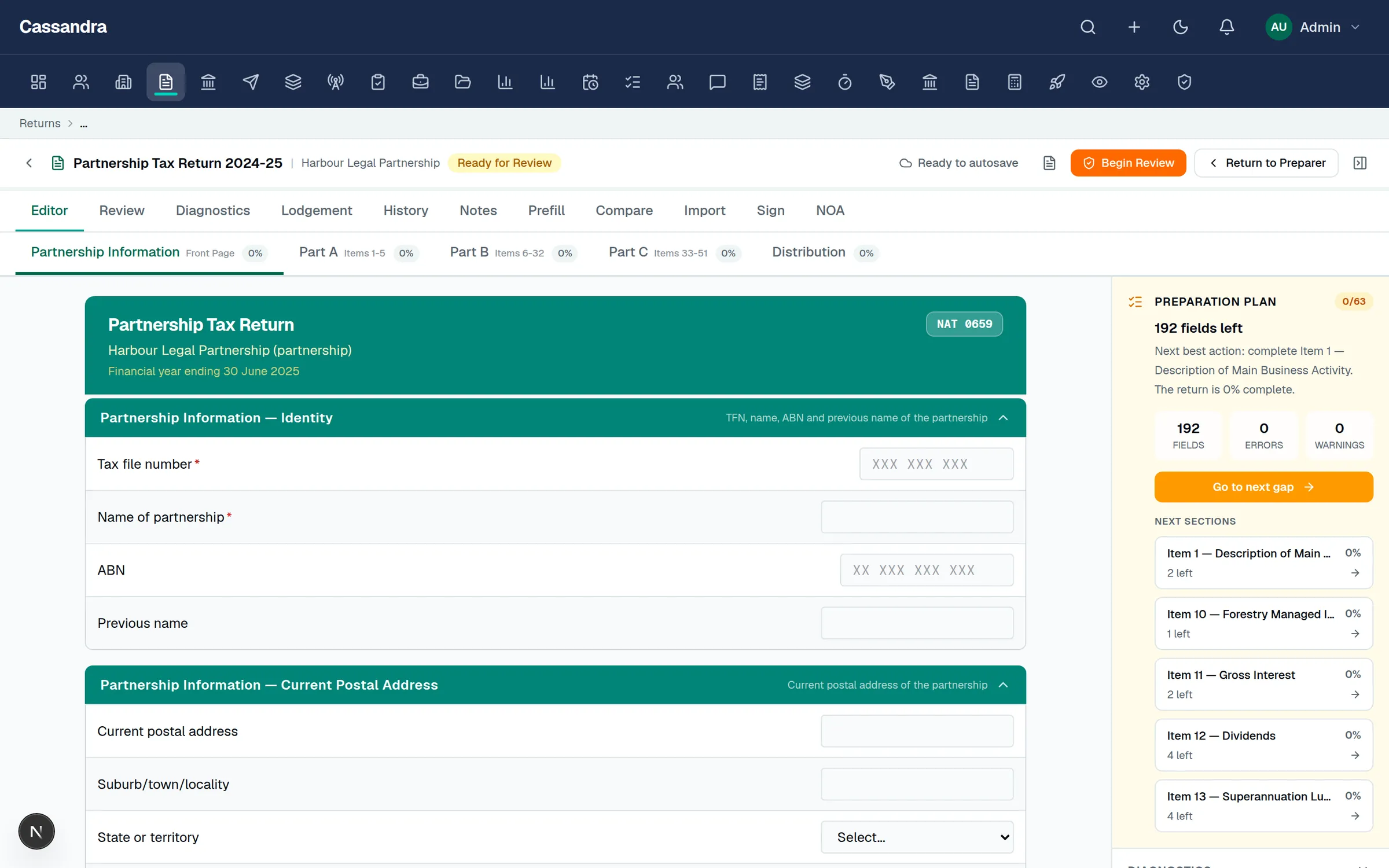 Cassandra Tax return editor showing an ATO partnership form and a live preparation plan side panel