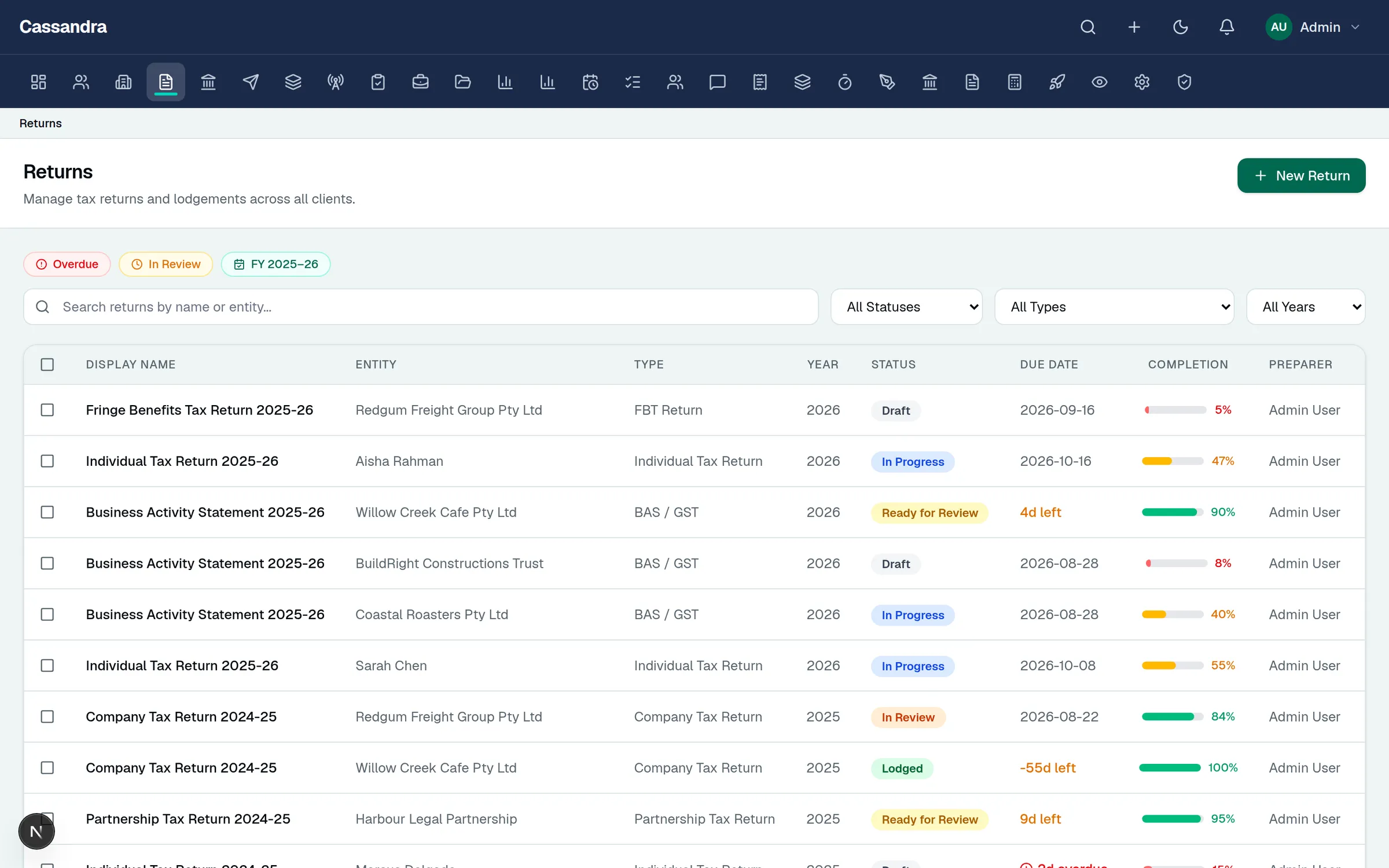 Cassandra Tax returns list with completion progress, status pills and due-date urgency across clients